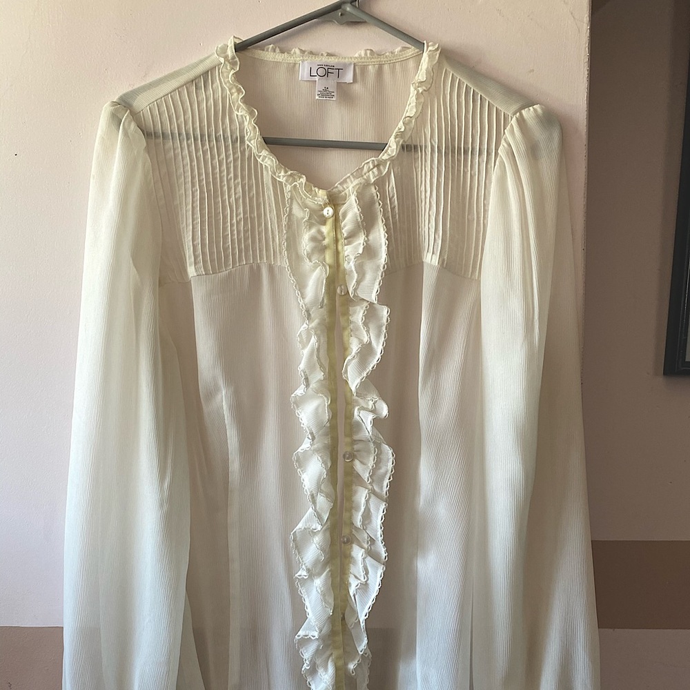 Loft ruffled long sleeve sheer button up shirt